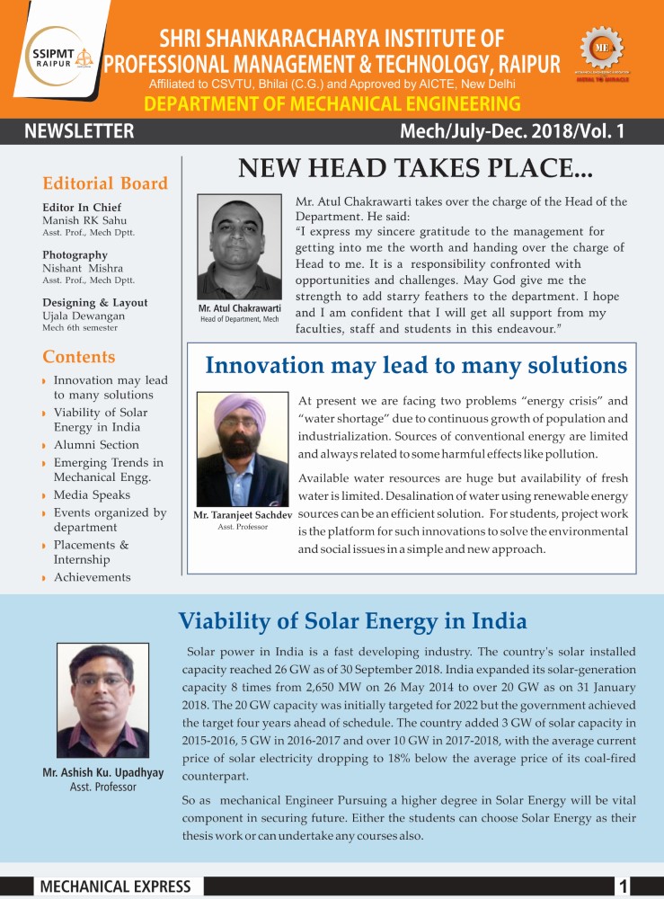 SSIPMT, Raipur B.Tech Mechanical Newsletters